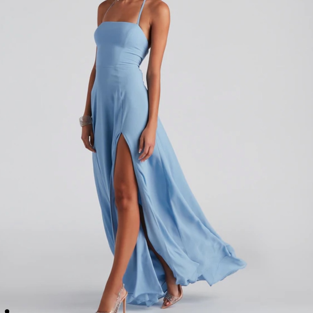Blue backless slit prom dress